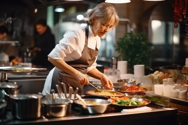 Biała szefowa kuchni w średnim wieku pracuje w dużej kuchni restauracji z jego pomocą Kuchnia jest pełna żywności warzyw i gotowania naczyń