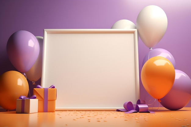 biała tablica na fioletowym tle z prezentami i balonami