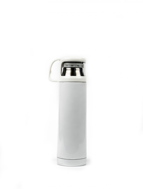 Biała termos butelka odizolowywająca na białym tle z kopii przestrzenią