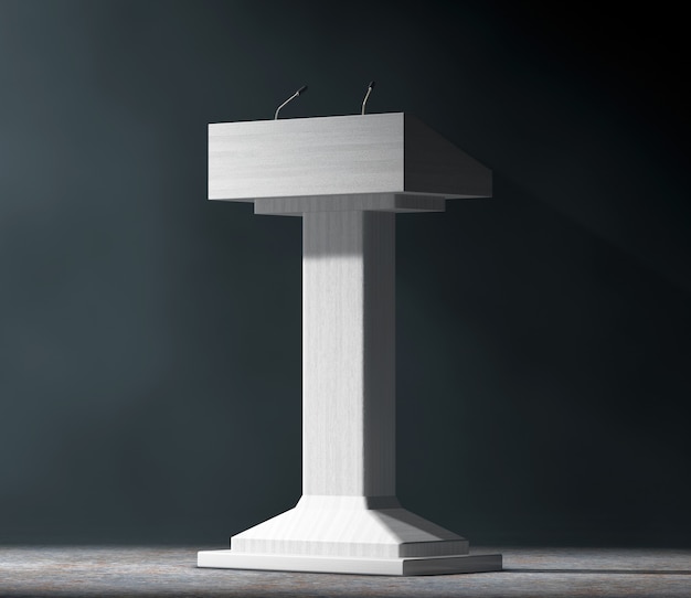 Zdjęcie biała trybuna podium tribune trybuna z mikrofonami w wolumetrycznym świetle na czarnym tle.