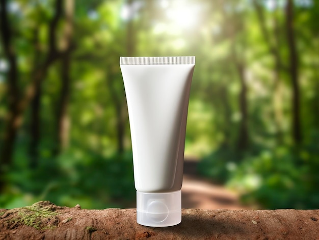 Biała tubka kosmetyczna produkt kosmetyczny makieta natura las tło Sunshine Ray AI Generative