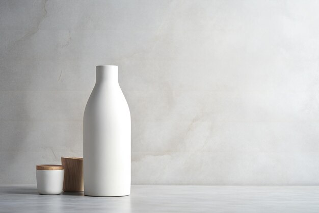 Zdjęcie biała wazonka ceramiczna i drewniany kubek na betonowym tle z miejscem do kopiowania