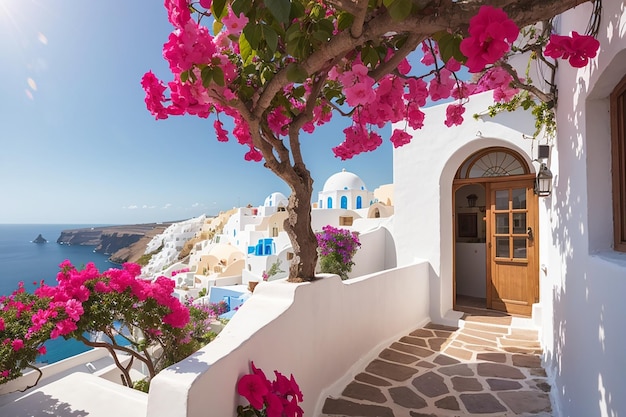 Biała wioska Bougainvillea santorini piękna