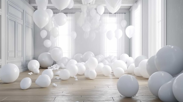 Białe balony we wnętrzu pokoju 3D rendering