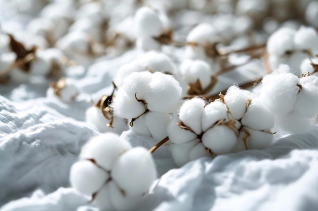 Białe bawełniane kwiaty na tle białej tkaniny bawełnianej dla zrównoważonej mody lub produktów organicznych