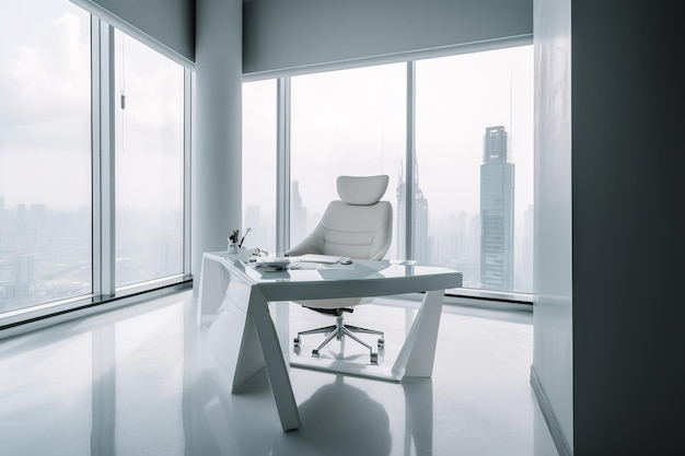 Białe biurko w białym biurze ze szklaną ścianą i pejzażem miejskim w tle.
