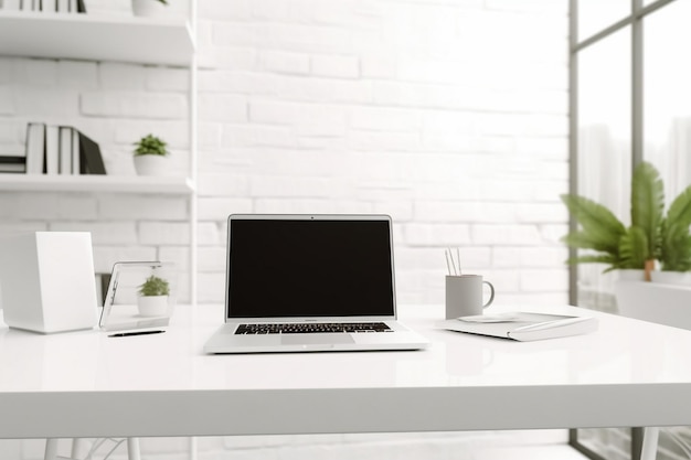 Białe biurko z laptopem i filiżanką kawy na nim
