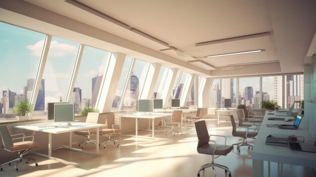 Białe biuro w stylu Hitech w nowoczesnym budynku miejskim duże stoły z krzesłami desktop com