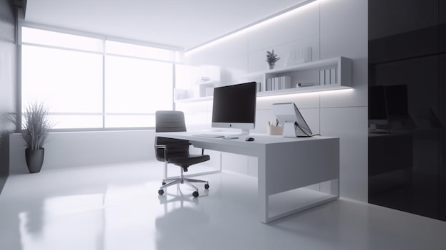 Białe biuro z biurkiem i krzesłem.