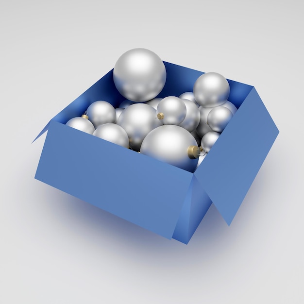 Białe bombki błyszczące ozdoby w pudełku koncepcja renderowania 3d na szczęśliwego nowego roku i bożego narodzenia
