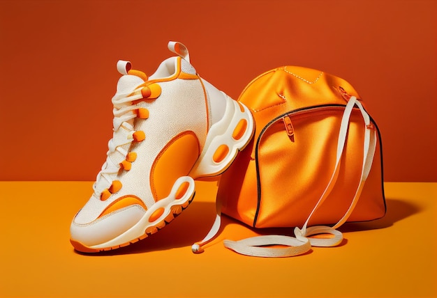 Białe buty sportowe i mała teczka na pomarańczowym tle AI Generated