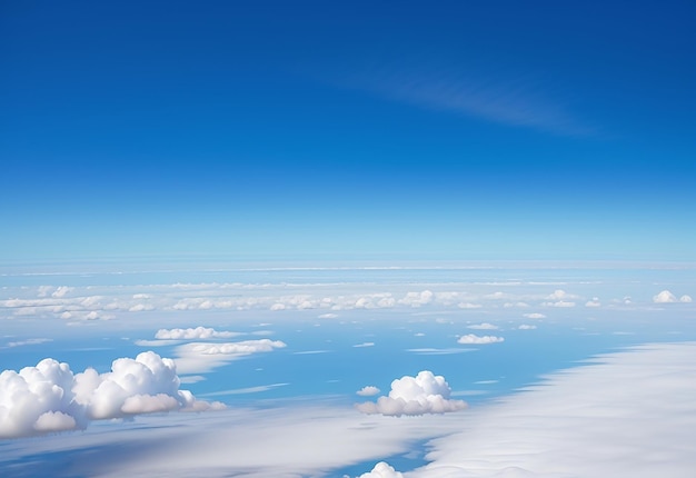 Białe chmury i niebieskie niebo fotografowane z okna samolotu