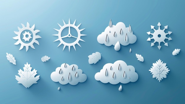 Zdjęcie białe chmury rosy na liściach mgła oznacza dzień i noc dla prognozy projektowania zimy i lata symbole słońca i burzy elektrycznej ikony nowoczesna ilustracja