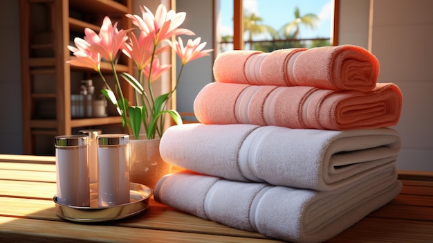 Białe, czyste, porządnie złożone ręczniki leżą na drewnianym stole na tle garnków z roślinami Tematem pobytu w hotelu jest relaks i komfort