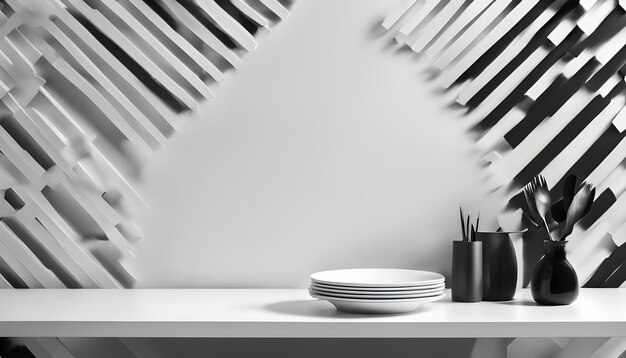 Białe drewniane biurko z wolną przestrzenią i ścianą z cieniami Biała i czarna dekoracja serwetką