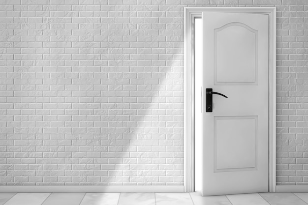 Białe drewniane drzwi przed ceglanym murem. Renderowanie 3D