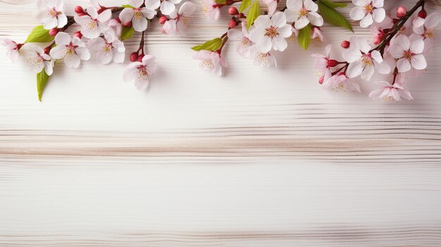 Białe drewniane tło z wiosennymi kwiatami i przestrzenią do kopiowania
