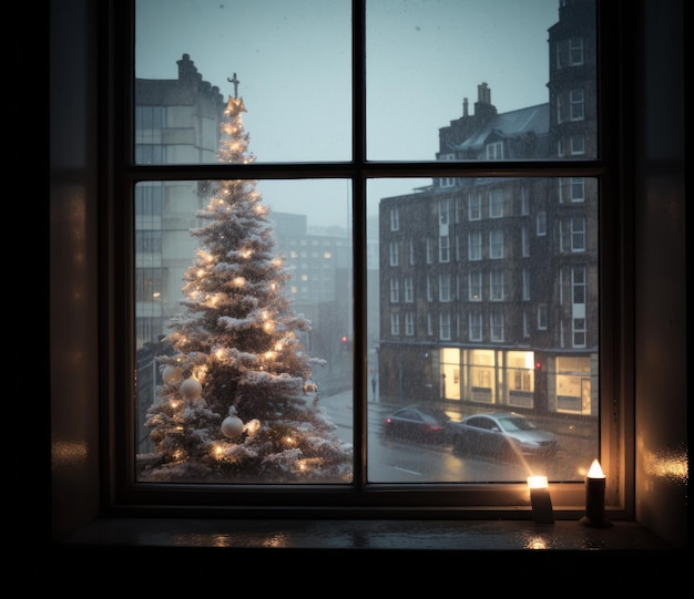 białe drzewo bożonarodzeniowe stoi za oknem budynku