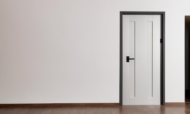 Białe drzwi w nowoczesnym minimalistycznym wnętrzu z drewnianymi podłogami i czarną ramą