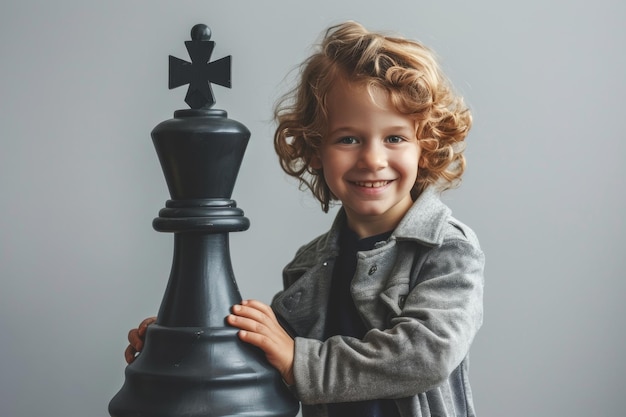 białe dziecko z ogromnym figurkiem szachowym portret dziecka chłopca z olbrzymim królem szachowym na prostym tle