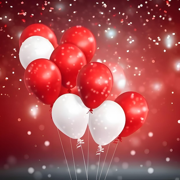 Białe i czerwone balony na czerwonym tle konfetti wokół noworocznej imprezy i uroczystości