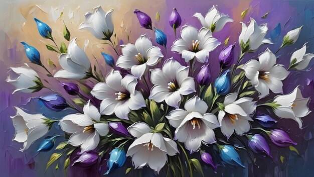 białe i fioletowe kwiaty dzwonkowe pomalowane farbami olejowymi