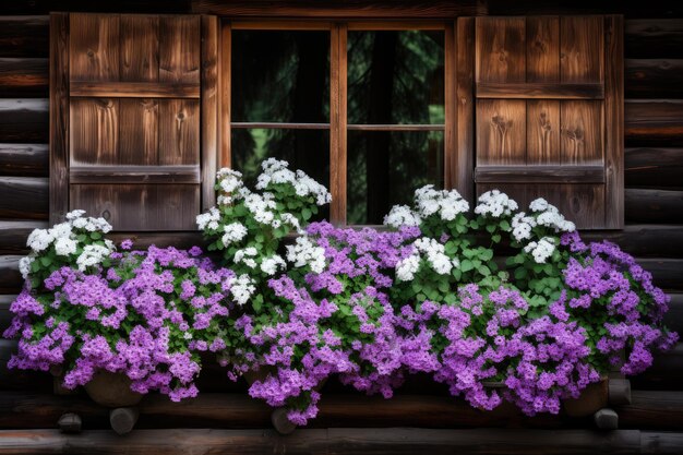 Białe i fioletowe kwiaty obejmujące okno drewnianego domu