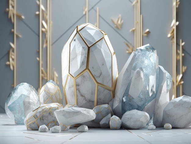 Białe i złote kryształy i marmurowe prymitywy geometryczne wzorują abstrakcyjne tło stworzone za pomocą technologii Generative AI