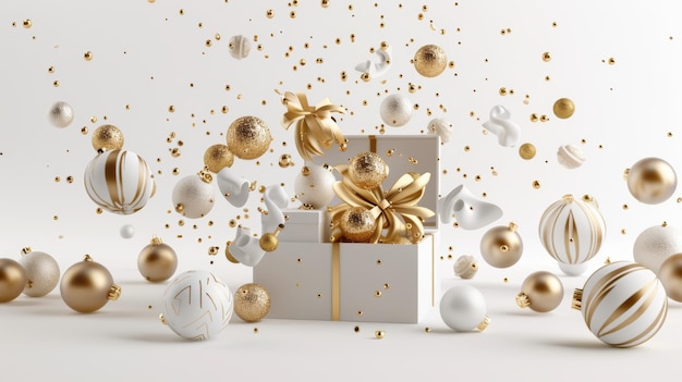 Białe i złote ozdoby bożonarodzeniowe cukierki i słodycze spadające z otwartego pudełka podarunkowego izolowanego na białym Ilustracja sceny świątecznej