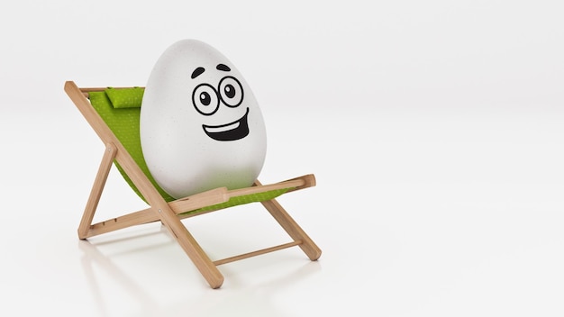 Białe jajko z uśmiechniętą twarzą siedzi na zielonym leżaku.