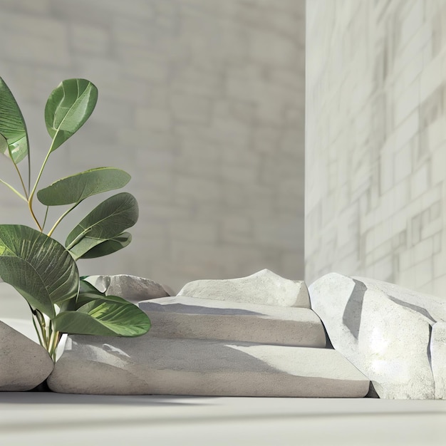 Zdjęcie białe kamienie 3d ilustracja kilka zielonych liści na bok kamienia etap produktu w białym pustym pomieszczeniu wyświetlacz