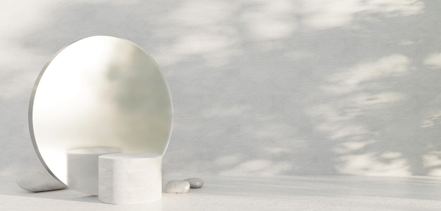 Białe kamienne podium ze szklaną minimalną abstrakcją z białą cylindryczną podium w cieniu białej sceny
