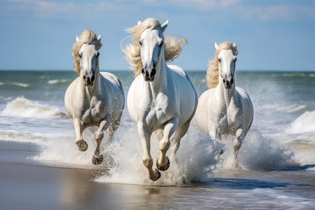 Białe konie galopujące na plaży.