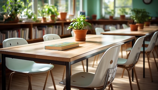 Zdjęcie białe krzesła i książki na biurkach w klasie szkolnej lub uniwersyteckiej