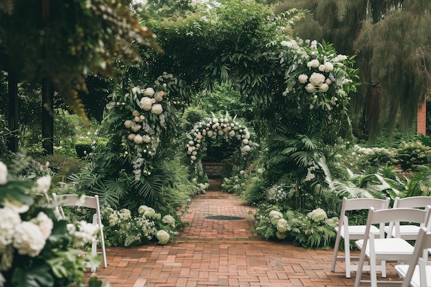 Białe krzesła i zieleni na ceremonii ślubnej Ślub w ogrodzie botanicznym z bujną zieloną scenerią i pachnącymi układami kwiatowymi AI Generowane