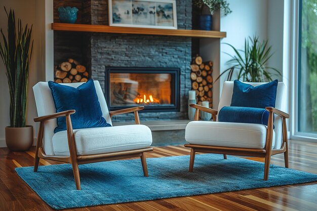 Białe krzesła z niebieskimi poduszkami w pokoju z kominem