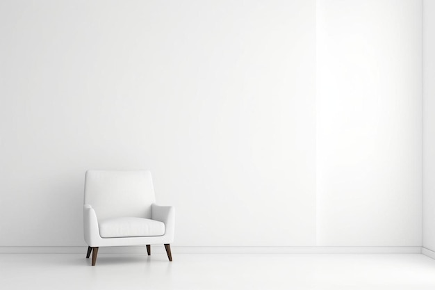 białe krzesło z brązowym stołkiem przed białą ścianą.