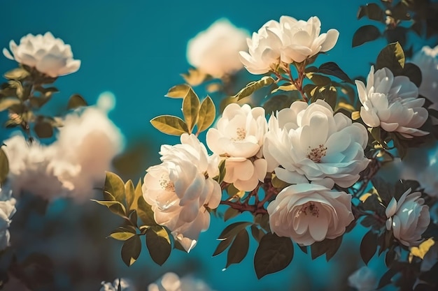 Białe krzewy róż na tle błękitnego nieba w słońcu. Piękny wiosenny lub letni kwiecisty tył