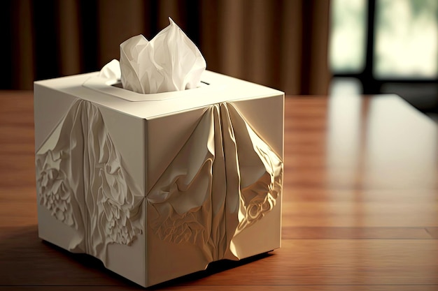 Białe kwadratowe pudełko na chusteczki z wzorem drewna na drewnianym stole