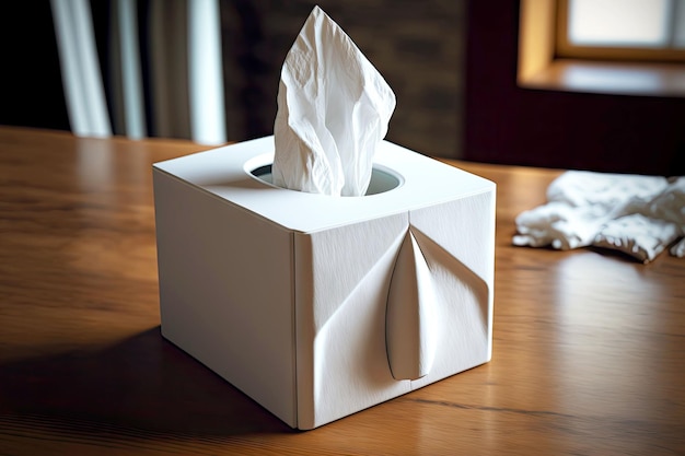 Białe kwadratowe pudełko na chusteczki z wzorem nosa na drewnianym stole