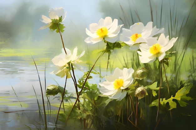 Białe kwiaty anemonów na powierzchni wody