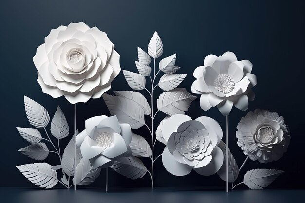 Białe kwiaty cięte na ciemnym tle Origami ręcznie