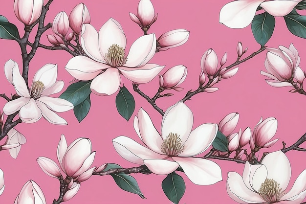 Białe kwiaty magnolii na różowym tle stworzone przy użyciu technologii generatywnej AI