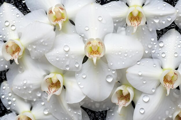 Białe kwiaty orchidei z kropelami wody na czarnym tle