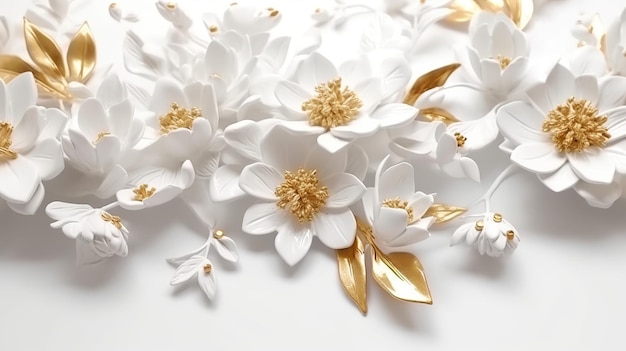 Białe kwiaty ze złotemPiękny wzór dekoracyjnyGenerative ai