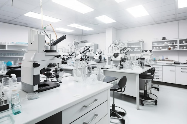 Białe laboratorium z mikroskopami i sprzętem do badania wirusów i mikroorganizmów Generative AI