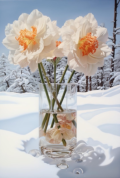 białe lilie w szklanym wazonie na zaśnieżonej ziemi Generacyjna AI