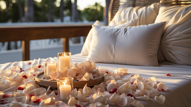 Białe łóżko dla par w romantycznej i ciepłej atmosferze Love valentine concept