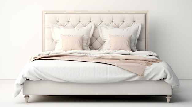 Białe łóżko dwuosobowe z pościelem i schowkiem na białym tle