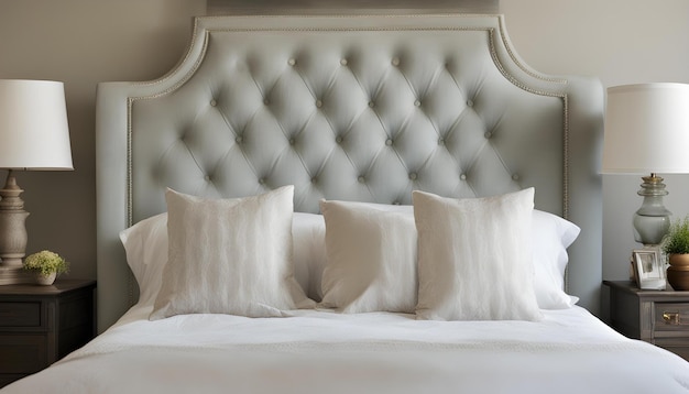 białe łóżko z białym głównym deskiem i białymi poduszkami